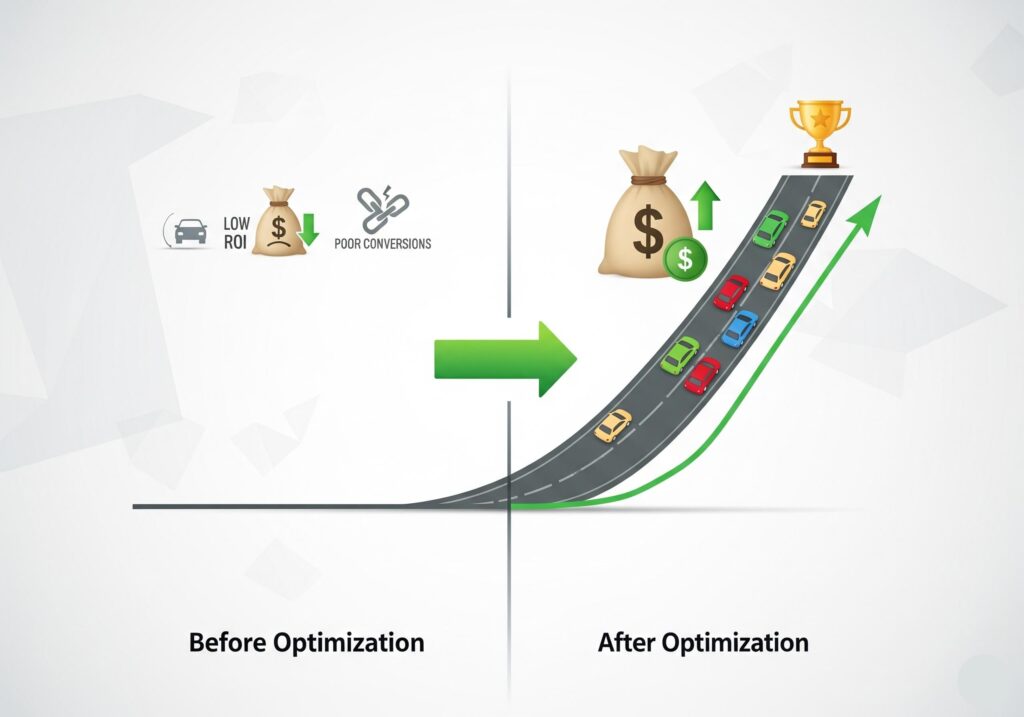 Before and after graph showing SEO impact on website traffic growth and ROI increase.