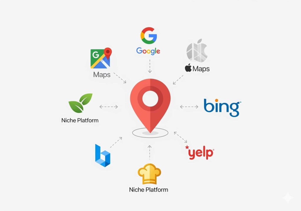 Logos of Google, Apple Maps, Bing, Yelp, and niche platforms surrounding a location pin, showing multi-platform local SEO presence.