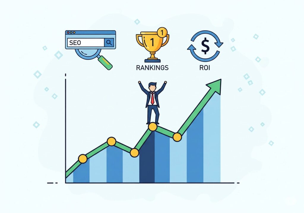 Business growth illustration with upward graph, SEO icons, and a professional celebrating success.
