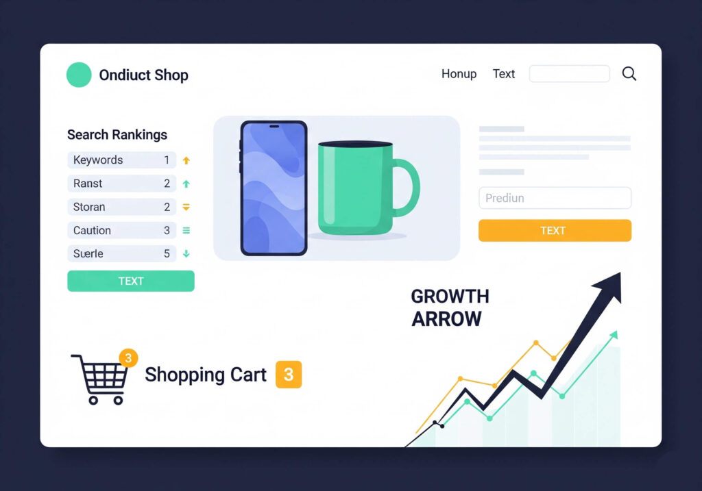eCommerce SEO infographic showing product page, shopping cart, and growth arrow.