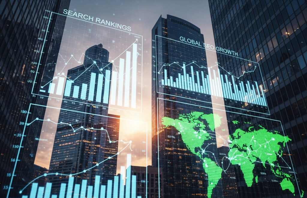 Enterprise SEO infographic with skyscrapers and search growth analytics.