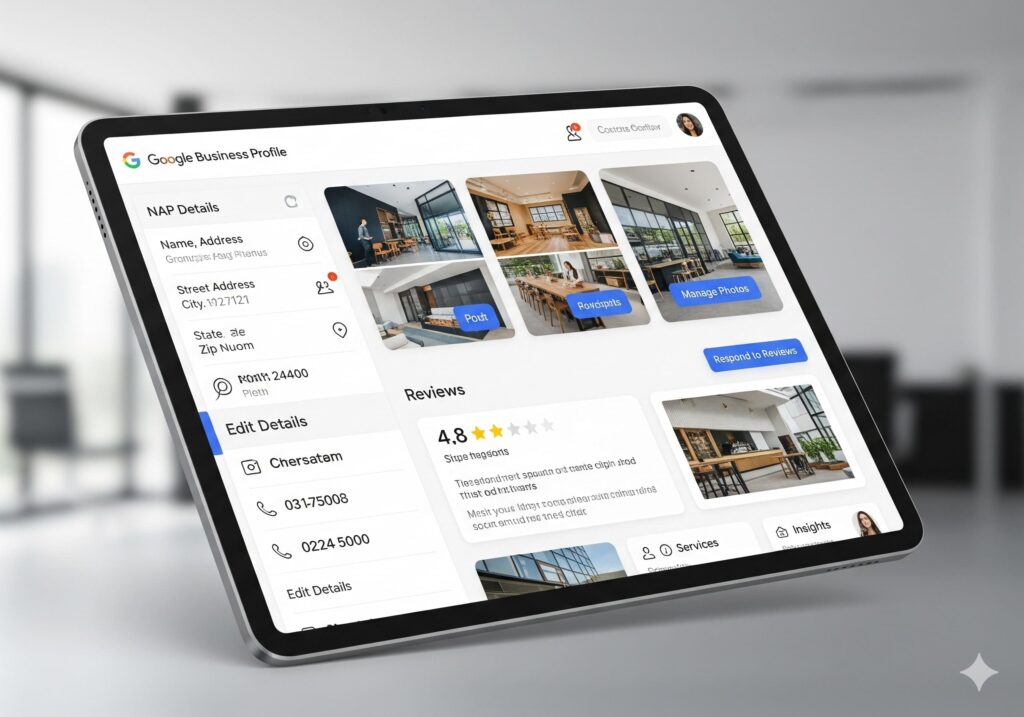 Google Business Profile dashboard showing business details, reviews, photos, and NAP consistency for optimized local search performance.