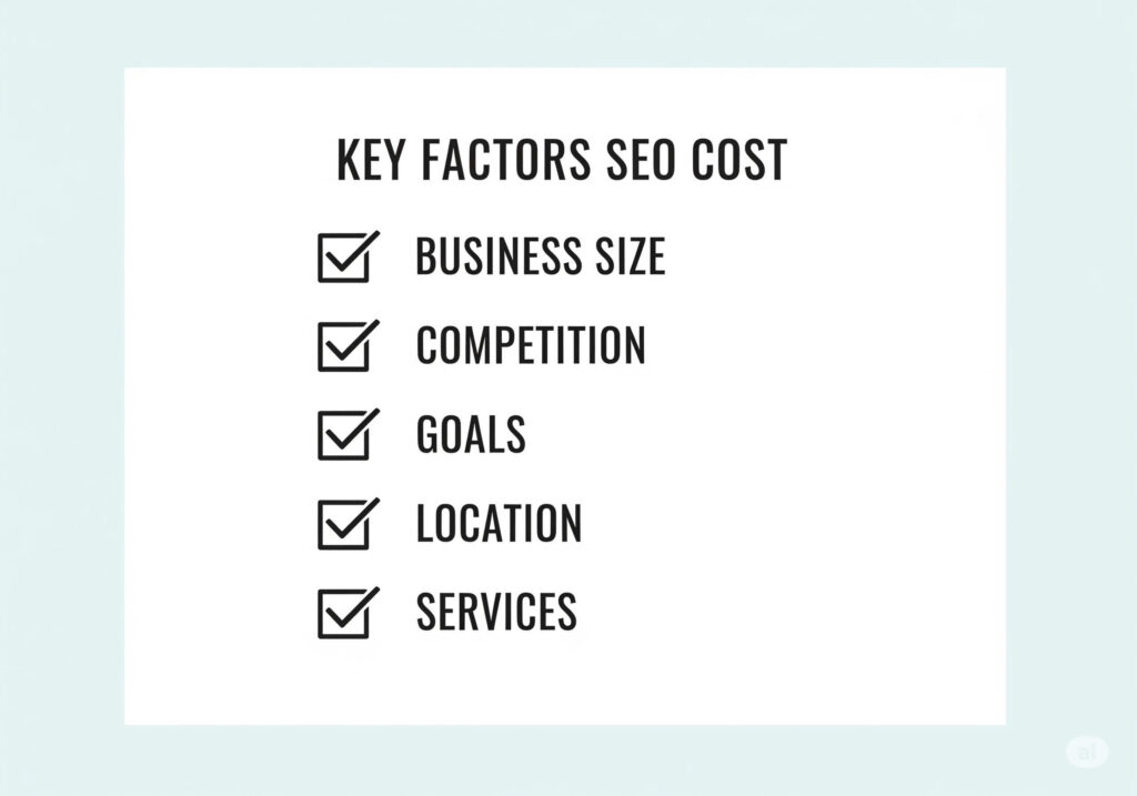 SEO cost checklist infographic highlighting business size, competition, goals, location, and services.