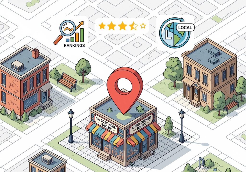 Local SEO infographic with map pin, small shop, and review stars.