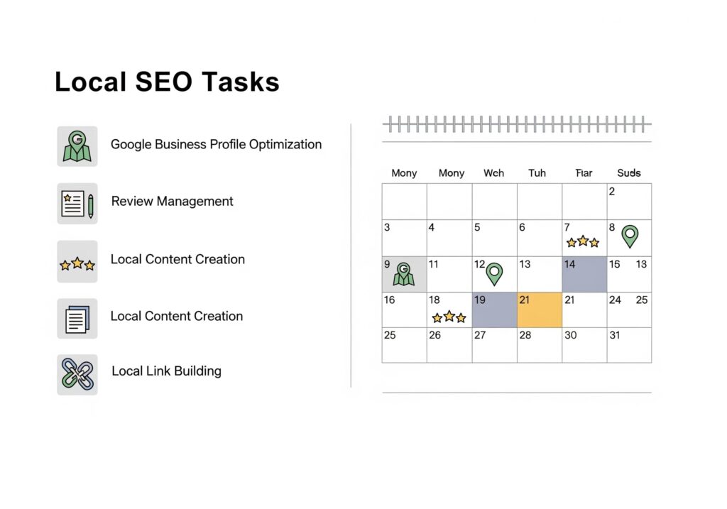 Planner and checklist with icons for local SEO tasks like GBP optimization, reviews, content creation, and backlink building.