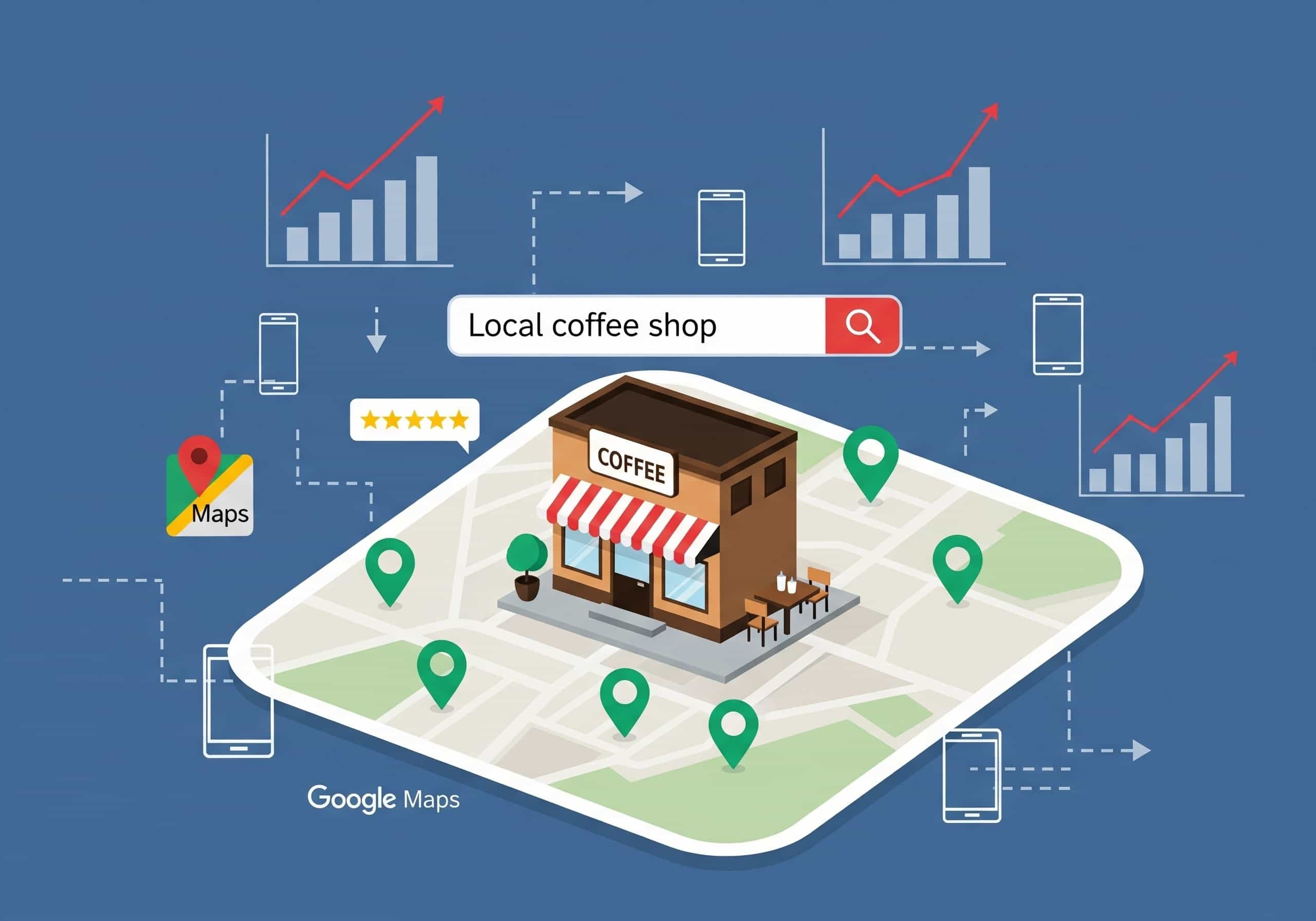 Local business on a digital map with Google Maps pins, upward-trending growth charts, and icons for reviews and mobile devices, illustrating local SEO mastery.