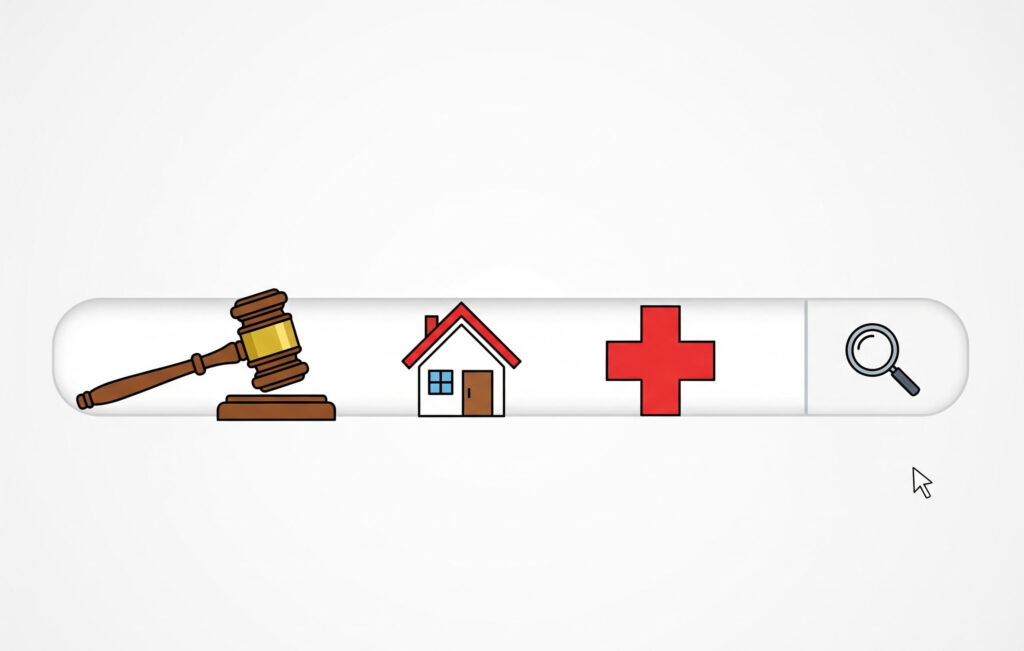 Niche SEO industries infographic with law, real estate, and healthcare icons.