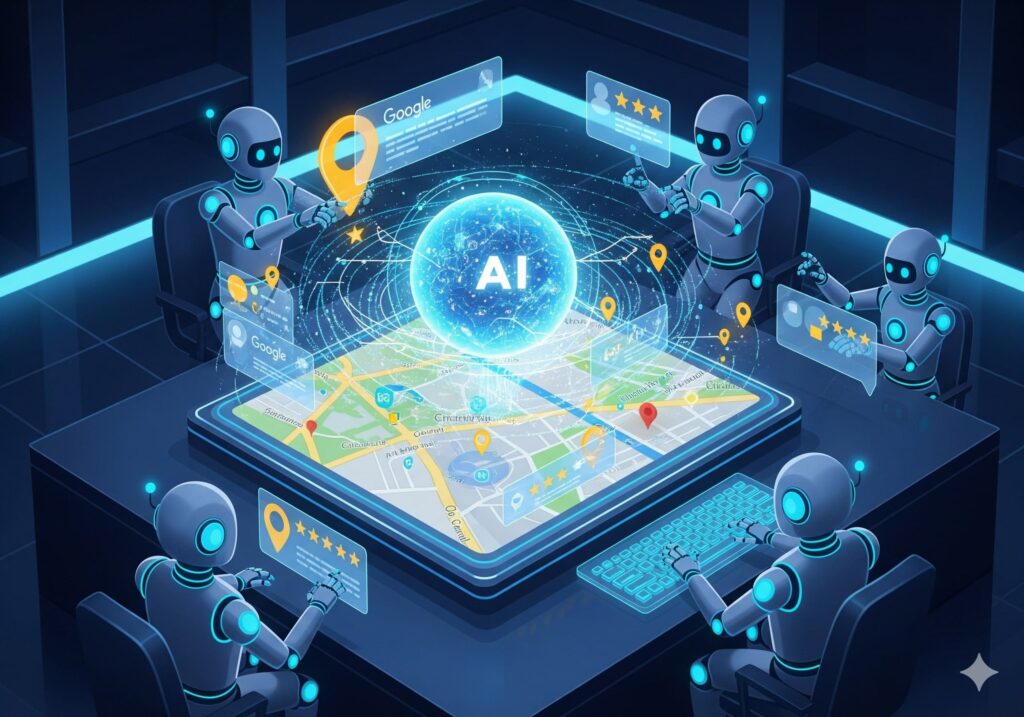 Futuristic illustration of AI analyzing local search results with robots, graphs, and maps, symbolizing AI-driven local SEO optimization.