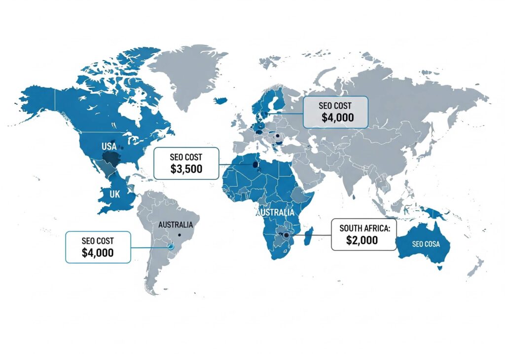 Global SEO cost comparison map showing USA, UK, Australia, and South Africa with pricing highlights.