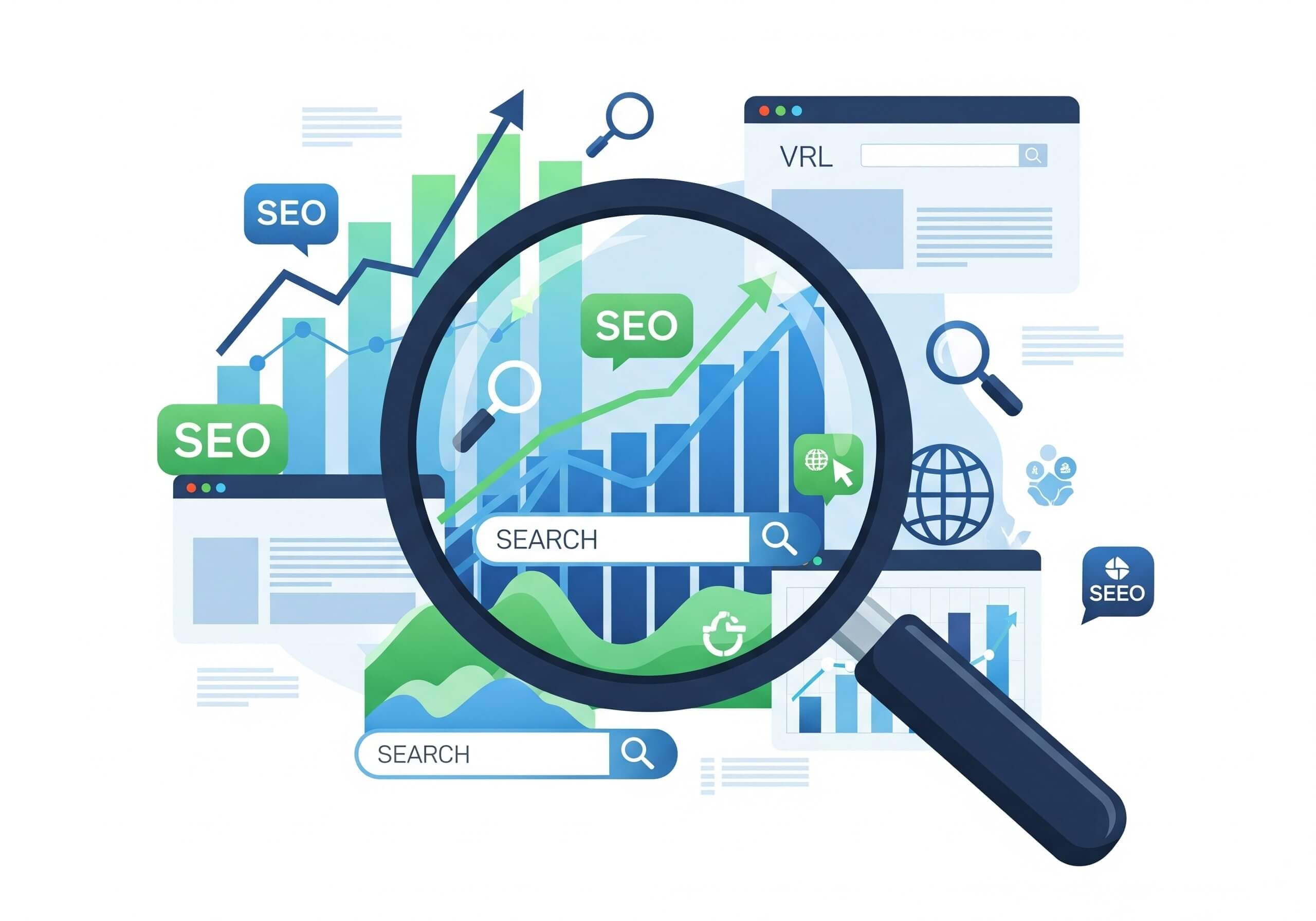 Illustration of the SEO Magnifier framework showing a magnifying glass over rising SEO graphs and search icons, symbolizing higher rankings and growth.