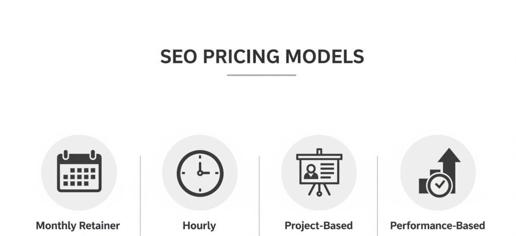 SEO pricing models infographic with icons for monthly retainer, hourly, project-based, and performance-based costs.