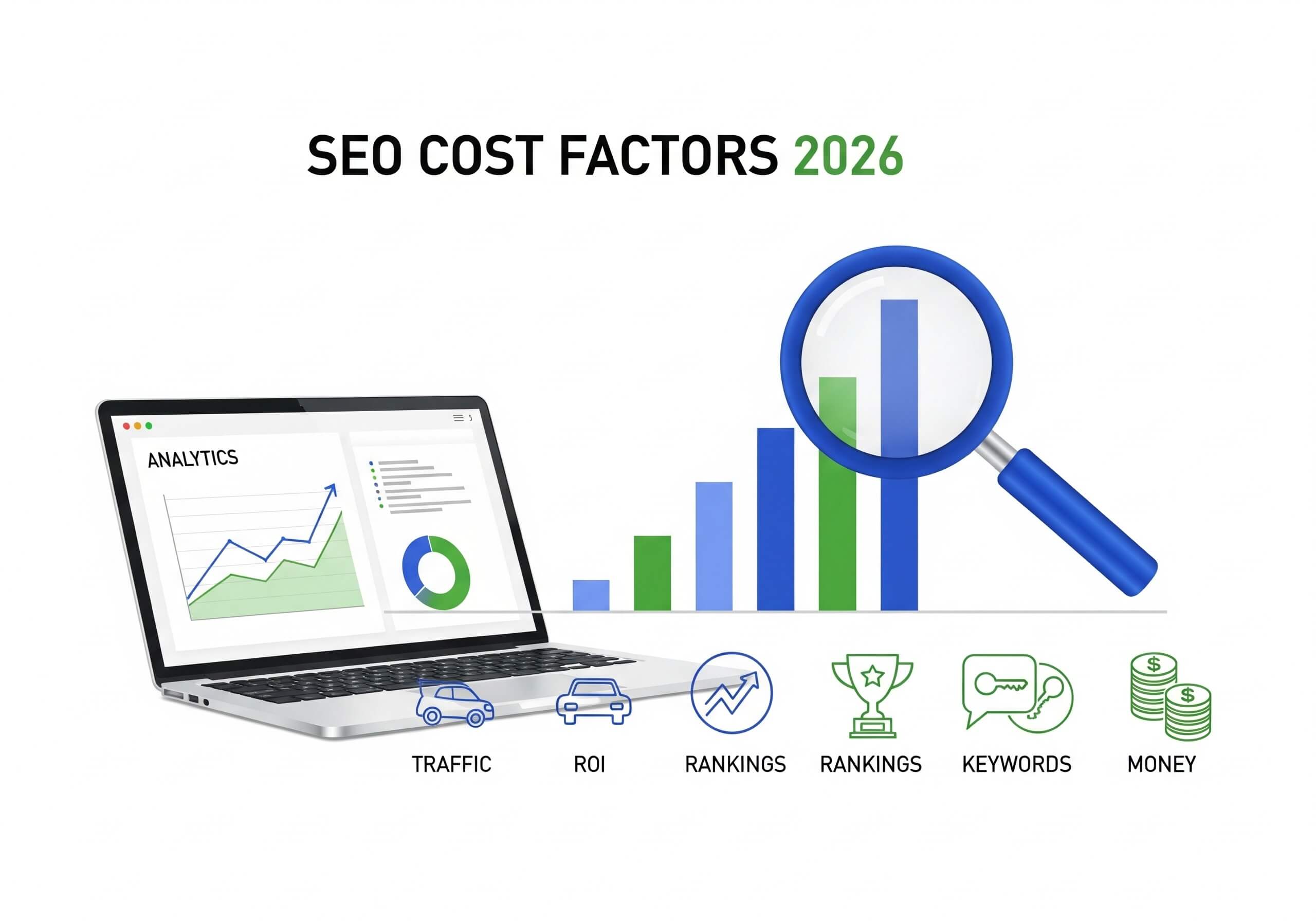 Infographic of SEO cost factors in 2026 with laptop analytics, ROI icons, and search ranking graphics.
