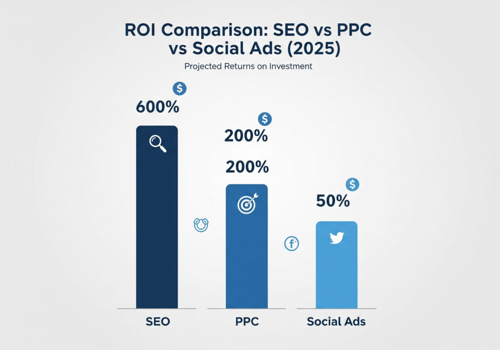 ROI comparison chart of SEO vs PPC vs social ads in 2025 showing SEO as the highest return on investment.