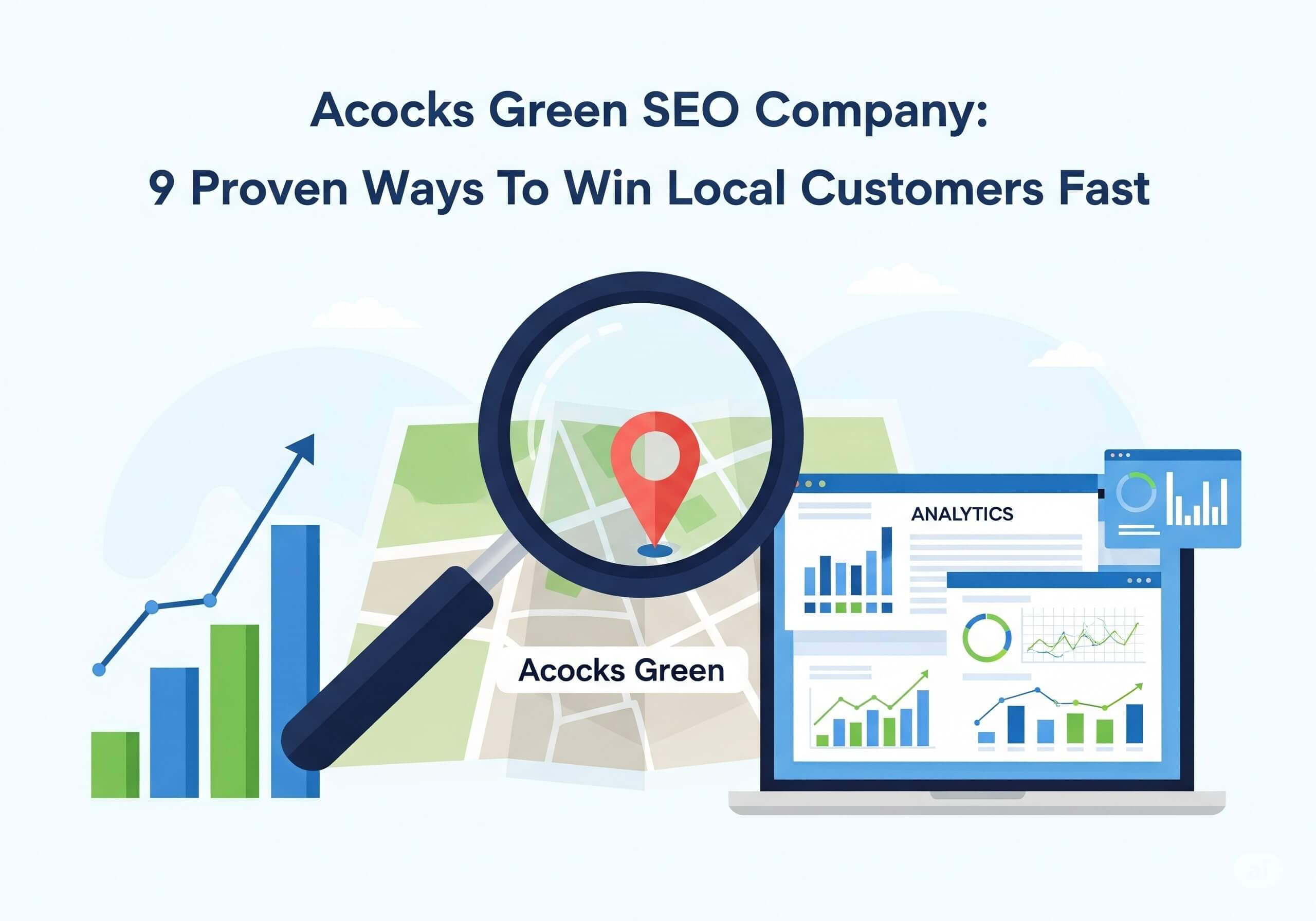 A professional flat-vector illustration for a blog post. The image features a magnifying glass over a map with a red location pin, a laptop displaying analytics dashboards, and growth charts, all on a light blue background. The title "Acocks Green SEO Company: 9 Proven Ways To Win Local Customers Fast" is clearly visible at the top. The color palette is composed of blues, greens, and white.