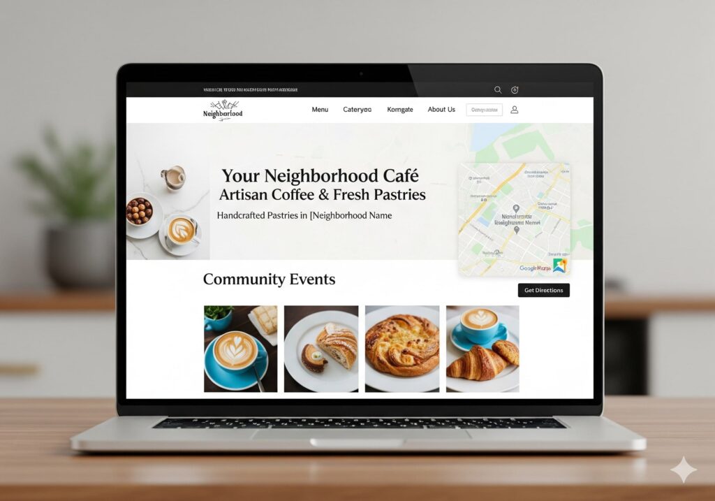 Local business website displayed on a laptop screen with optimized headings, keywords, and map integration to improve local SEO performance.