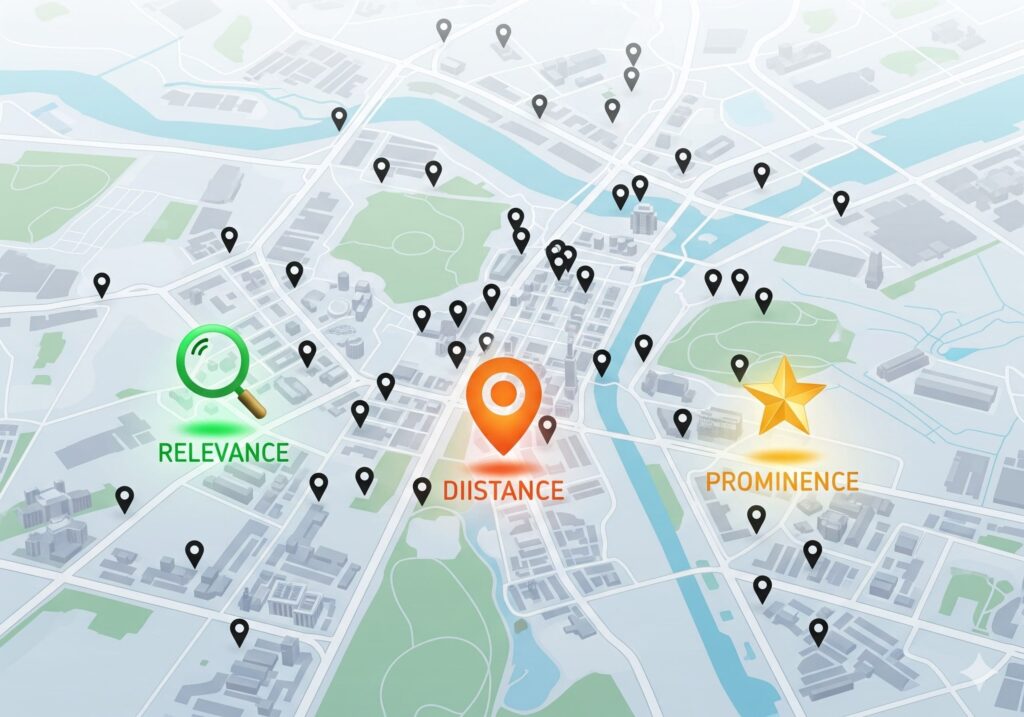 Three pillars labeled Relevance, Distance, and Prominence with icons and connecting lines, explaining the foundation of local SEO strategy.