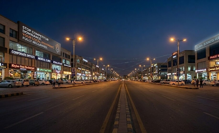 A wide night view of a major commercial boulevard in DHA Lahore lined with modern business plazas, corporate offices, and retail storefronts under an evening sky.